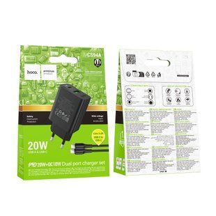 Мережевий Зарядний Пристрій Hoco CS94A 1USB-C/1USB PD/QC 20W+Type-C to Type-C Чорний 6942007671118 фото