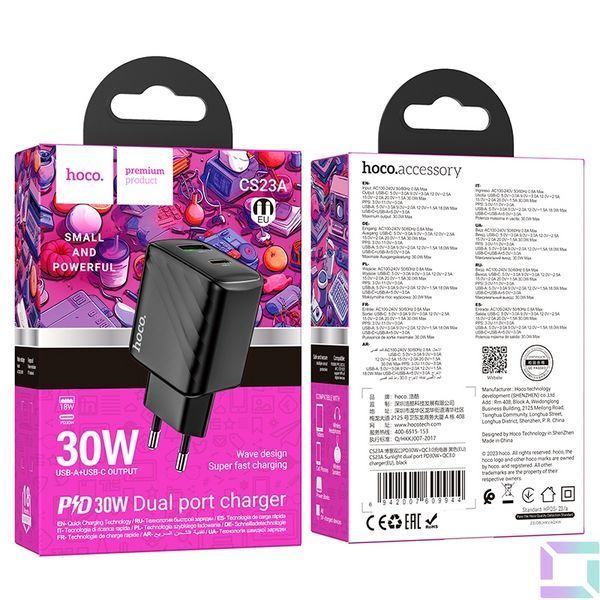 Мережевий Зарядний Пристрій Hoco CS23A 1USB/1USB-C PD/QC 30W Чорний 6942007609944 фото