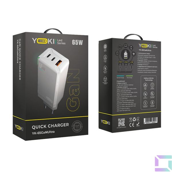 Мережевий зарядний пристрій Yoki Led Series YK-65 GaN Ultra PD 65W Колір Бiлий 6902013230464 фото