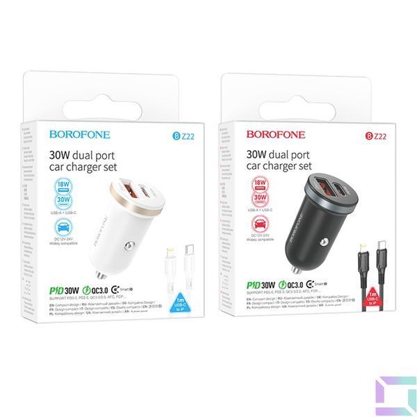 Авто Зарядное Устройство Borofone BZ22 1USB/1USB-C QC/PD30W+Type-C to Lightning Белый 6941991105210 фото