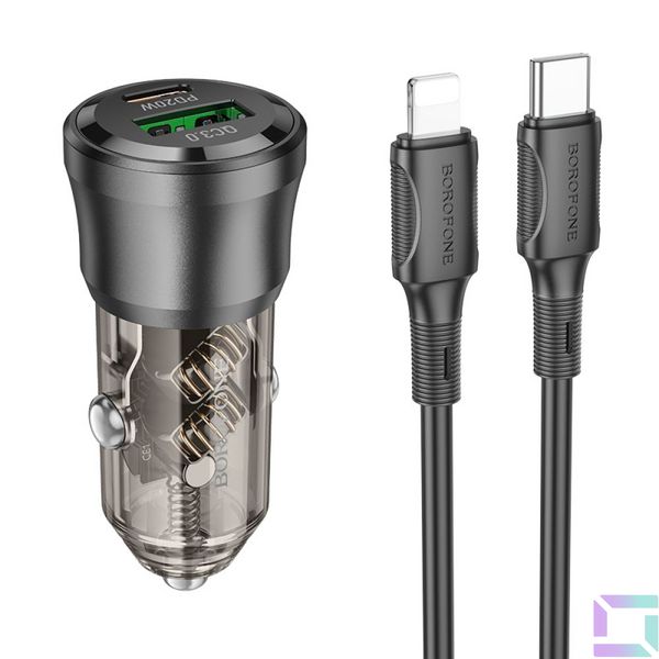 Автомобільний Зарядний Пристрій Borofone BZ25 1USB/1USB-C QC/PD38W+Type-C to Lightning Колір Прозоро-чорний 6941991106972 фото