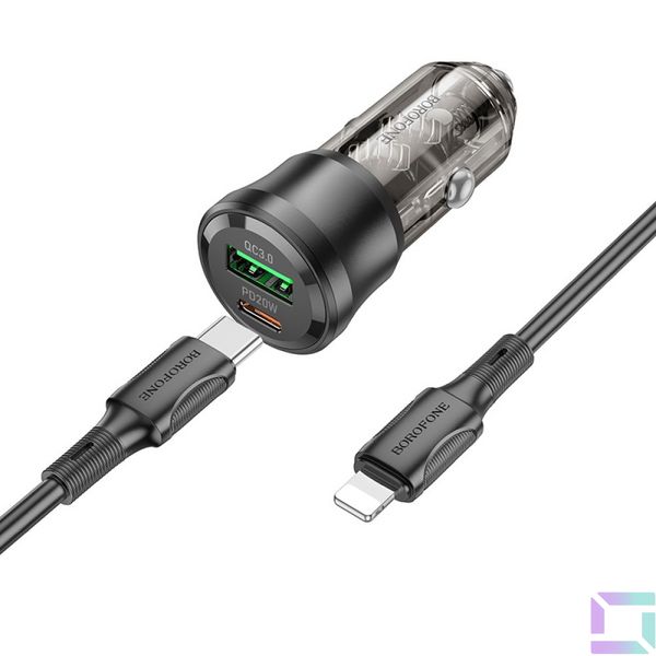 Авто Зарядное Устройство Borofone BZ25 1USB/1USB-C QC/PD38W+Type-C to Lightning Цвет Прозрачно-черный 6941991106972 фото