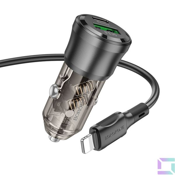 Авто Зарядное Устройство Borofone BZ25 1USB/1USB-C QC/PD38W+Type-C to Lightning Цвет Прозрачно-черный 6941991106972 фото