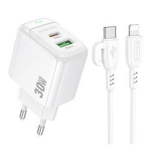 Мережевий Зарядний Пристрій Borofone BAS45A 1USB-C/1USB PD/QC 30W+Type-C to Lightning Бiлий 6941991113888 фото