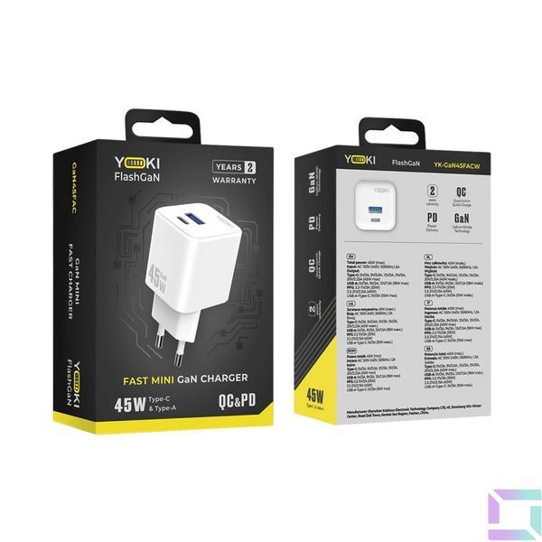Мережевий Зарядний Пристрій Yoki FlashGaN YK-GaN45FAC 1 Type-C+1USB 45W Бiлий 6912345678155 фото