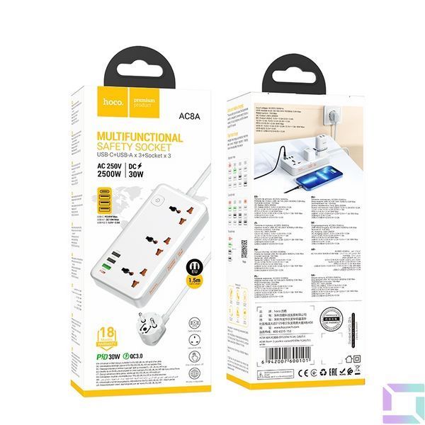 Сетевой Удлинитель Hoco AC8A 1USB-C / 3USB-A QC/PPS/PD30W / 3 Sockets 1.5m Белый 6942007600101 фото