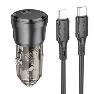 Автомобільний Зарядний Пристрій Borofone BZ24 1USB-C QC/PD20W+Type-C to Lightning Прозоро-чорний 6941991106941 фото