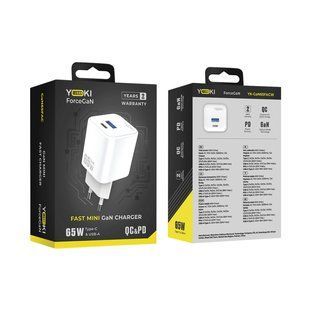 Мережевий Зарядний Пристрій Yoki ForceGaN YK-GaN65FAC 1 Type-C + 1 USB 65W Бiлий 6912345678179 фото