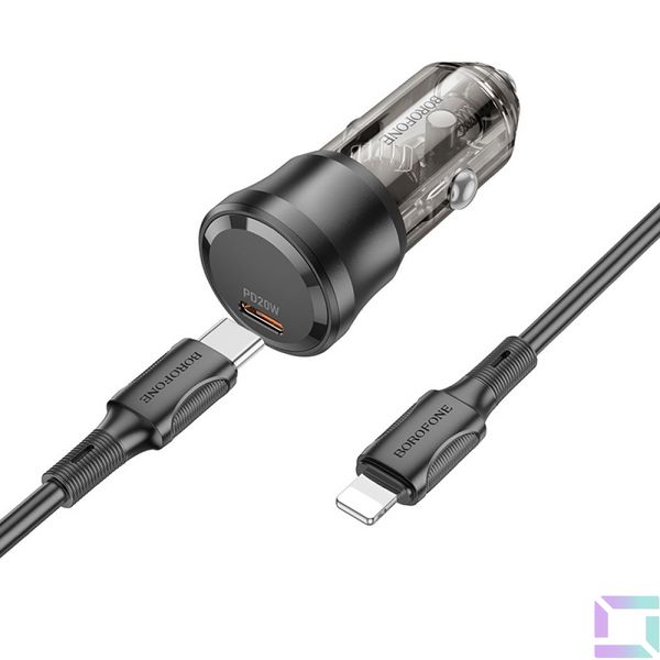 Автомобільний Зарядний Пристрій Borofone BZ24 1USB-C QC/PD20W+Type-C to Lightning Колір Прозоро-чорний 6941991106941 фото