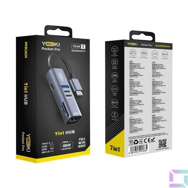 USB Hub YOKI Pocket Pro 7in1 YK-HPP3CACH1 Сірий 6987455001865 фото