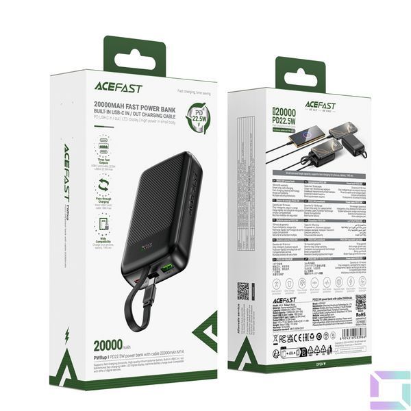 Універсальна Мобільна Батарея Power Bank AceFast M14 PD22.5W with cable Type-C, 20000mAh Чорний 6974316283966 фото