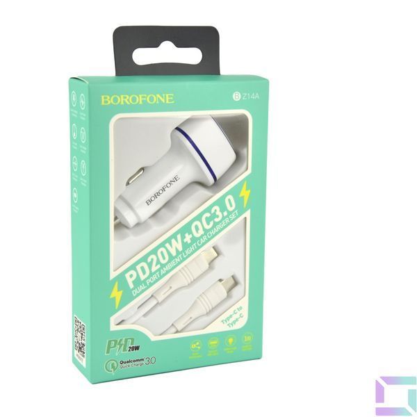 Авто Зарядное Устройство Borofone BZ14A PD20W+QC3.0 Type-C to Type-C 3A Белый 6931474740052 фото