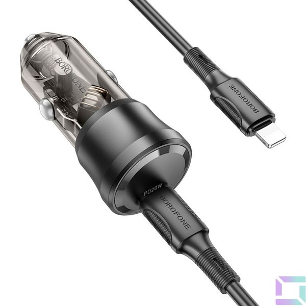 Автомобільний Зарядний Пристрій Borofone BZ24 1USB-C QC/PD20W+Type-C to Lightning Колір Прозоро-чорний 6941991106941 фото