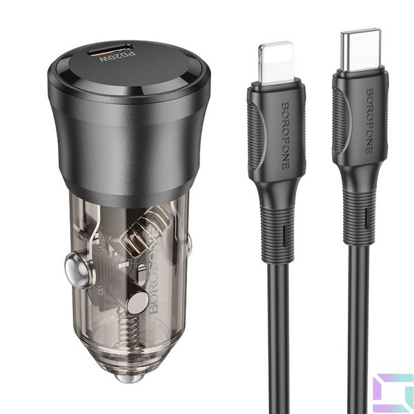 Автомобільний Зарядний Пристрій Borofone BZ24 1USB-C QC/PD20W+Type-C to Lightning Колір Прозоро-чорний 6941991106941 фото