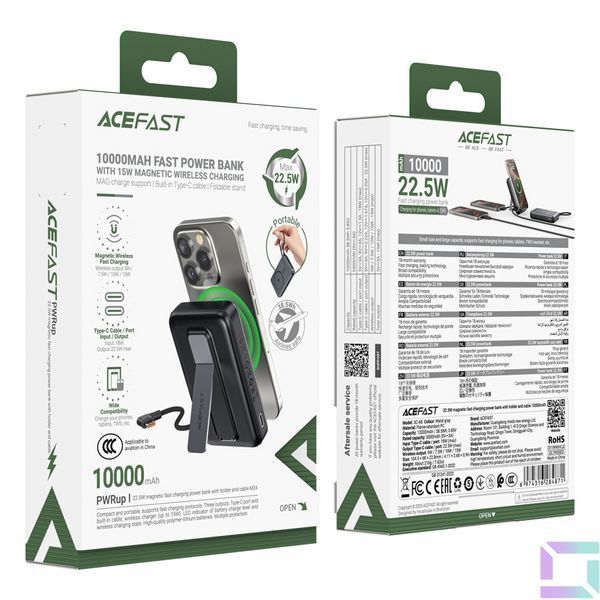 Універсальна Мобільна Батарея Power Bank AceFast M24 PD22.5W magnetic wireless charging, with cable Type-C, 10000mAh Чорний 6974316284871 фото