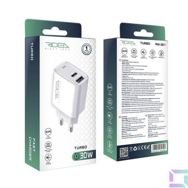 Мережевий Зарядний Пристрій Ridea RW-30120 Turbo 1USB/1USB-C QC/PD 30W Бiлий 6902020132706 фото