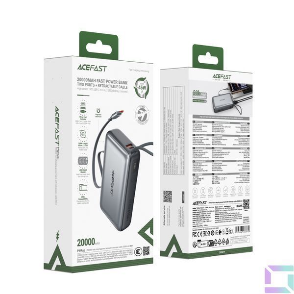 Універсальна Мобільна Батарея Power Bank AceFast M34 PD45W with cable Type-C, 20000mAh Чорний 6974316286370 фото