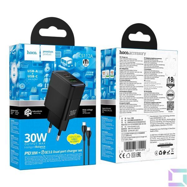 Сетевое Зарядное Устройство Hoco CS112A 1USB/1USB-C QC/PD 30W+Type-C to Type-C Чорний 6942007680400 фото