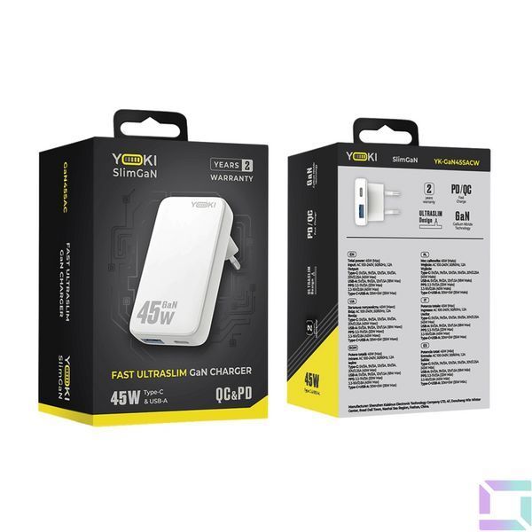 Мережевий Зарядний Пристрій Yoki SlimGaN YK-GaN45SAC 1 Type-C + 1USB 45W Бiлий 6912345678193 фото