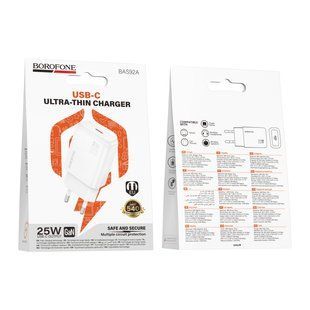 Мережевий Зарядний Пристрій Borofone BAS92A 1USB-C PD/QC 25W GAN Бiлий 6941991129186 фото