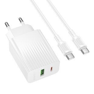 Мережевий Зарядний Пристрій Borofone BAS74A 1USB-C/1USB PD/QC 20W+Type-C to Type-C Бiлий 6941991122804 фото