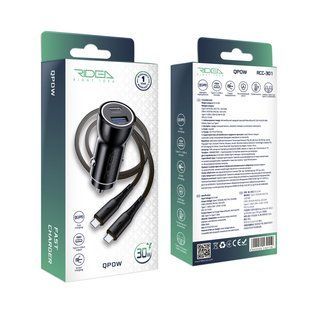 Автомобільний Зарядний Пристрій Ridea RCC-30114 QPow 1USB/1USB-C PD/QC 30W+Type-C to Type-C Чорний 6902020132119 фото