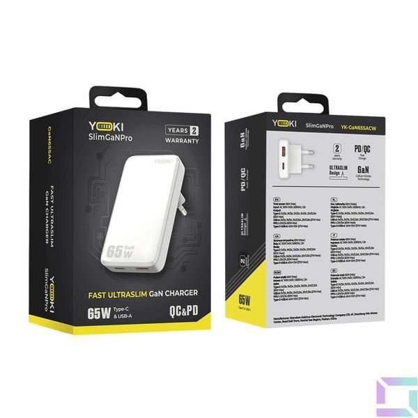 Мережевий Зарядний Пристрій Yoki SlimGaNPro YK-GaN65SAC 1 Type-C+1USB 65W Бiлий 6912345678223 фото