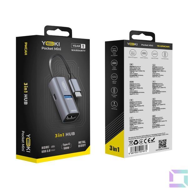 USB Hub YOKI Pocket Mini 3in1 YK-HPMCAH1 Серый 6987455001872 фото