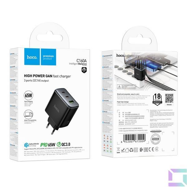 Сетевое Зарядное Устройство Hoco C160A 2USB-C/1USB QC/PD65W Черный 6942007672009 фото