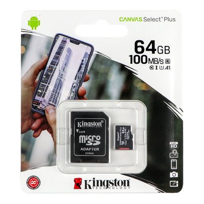 Карта Пам'яті Kingston Canvas Select Plus microSDXC (UHS-1) 64gb 10 Class &amp; Adapter Колір Чорний 740617298697 фото