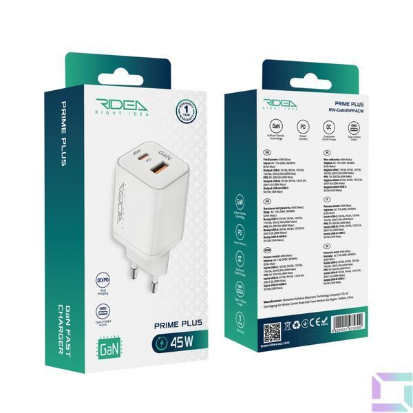 Сетевое Зарядное Устройство Ridea RW-GaN45PPAC Prime Plus Type-C+1USB PD&QC 45W Белый 6922021975300 фото