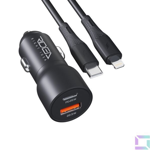 Автомобільний Зарядний Пристрій Ridea RCC-47115 QPow Pro 1USB/1USB-C PD/QC 47.5W+Type-C to Lightning Чорний 6902020132225 фото