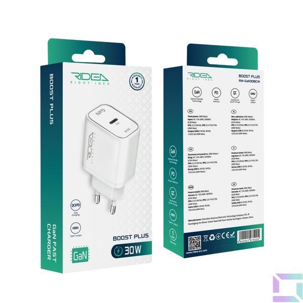 Мережевий Зарядний Пристрій Ridea RW-GaN30BC 30W Boost Plus C PD&QC Бiлий 6922021975225 фото