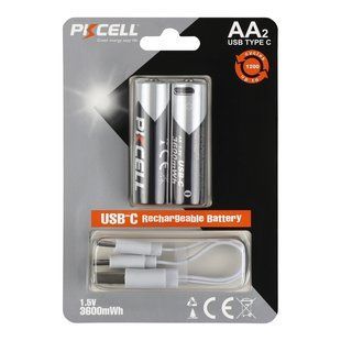 Акумуляторна Батарейка AA PKCELL AA-3600 USB-C 3600mWh (2 од.) AA 6942449501943 фото