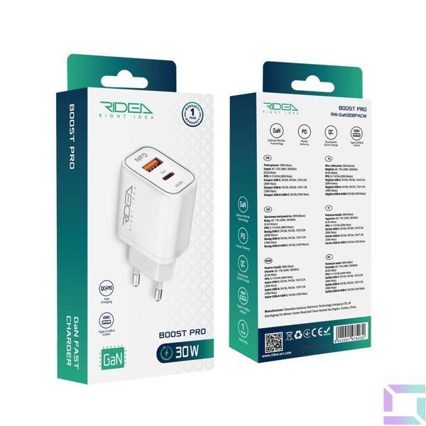 Мережевий Зарядний Пристрій Ridea RW-GaN30BPAC 30W Boost Pro AC PD&QC Бiлий 6922021975232 фото