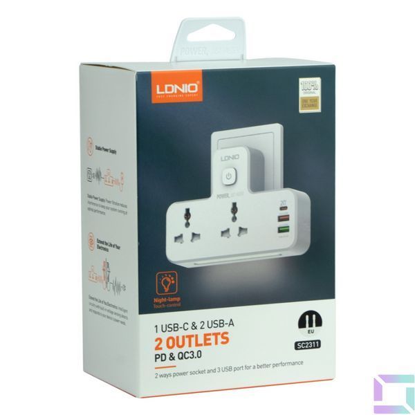 Мережевий Перехідник із Нічником LDNIO SC2311 1USB-C / 2USB-A QC/PD20W / 2 Sockets/ Led lamp White 6933138691540 фото