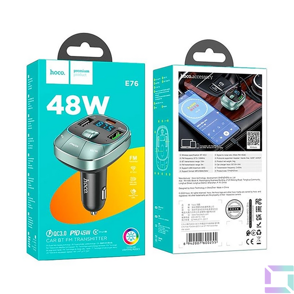 FM-трансмітер Hoco E76 Pole PD48W+QC3.0 car BT FM transmitter Колір Сiрий 6942007600255 фото