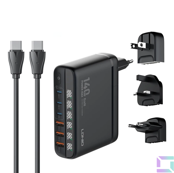 Мережевий Зарядний Пристрій LDNIO A6140C 3USB-A/3USB-C GAN (100W+40W)140W LED Display 1.5m Чорний 6933138601402 фото