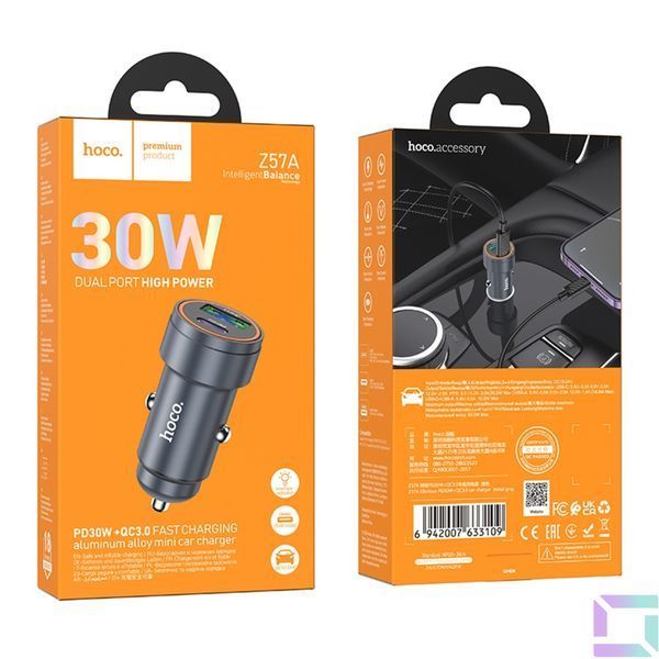 Автомобільний Зарядний Пристрій Hoco Z57A 1USB/1USB-C PD30W/QC3.0 Сiрий 6942007633109 фото