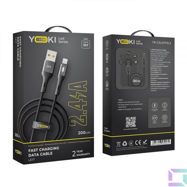 Кабель USB YOKI LED YK-LE17 Lightning 2.4A 2m Колір Чорний 6907858579471 фото