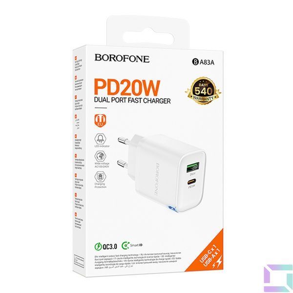 Мережевий Зарядний Пристрій Borofone BA83A 1USB-C/1USB PD/QC 20W Бiлий 6941991117343 фото
