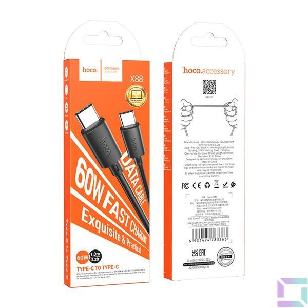 Кабель USB Hoco X88 Gratified 60W Type-C to Type-C Чорний 6931474783363 фото