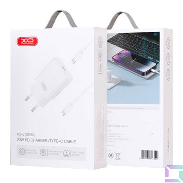 Сетевое Зарядное Устройство XO L126 1USB-C PD/QC 20W+Type-C to Lightning Цвет Белый 6920680846900 фото