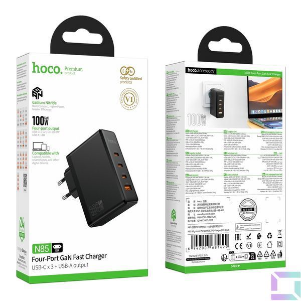 Мережевий Зарядний Пристрій Hoco N85 3USB-C/1USB PD100W GAN Чорний 6942007681629 фото