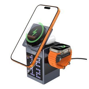 Бездротовий Зарядний Пристрій Hoco DWQ04 5in1 15W(Pixel Display/Clock/BT Speaker 5W) IP Version Сірий 6942007675796 фото