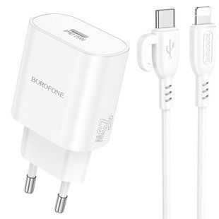 Мережевий Зарядний Пристрій Borofone BA82A 1USB-C PD/QC 25W+Type-C to Lightning Бiлий 6941991112263 фото