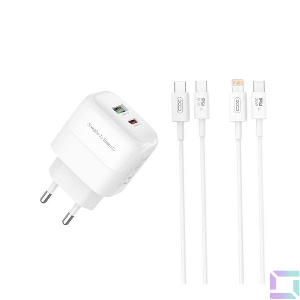 Сетевое Зарядное Устройство XO L137 1USB-C/1USB PD/QC 20W+Type-C to Lightning Цвет Белый 6920680855353 фото