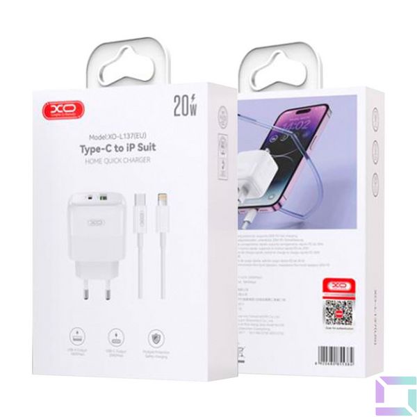 Сетевое Зарядное Устройство XO L137 1USB-C/1USB PD/QC 20W+Type-C to Lightning Цвет Белый 6920680855353 фото