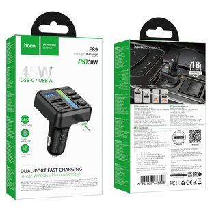 FM-трансмітер Hoco E89 USB-C PD30W+USB 15W/TF/BT5.4 Total 45W Чорний 6942007673808 фото