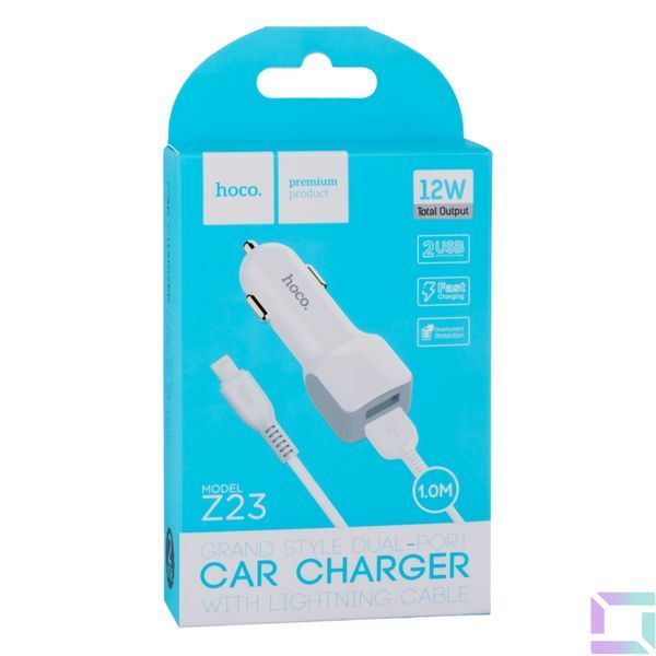 Авто Зарядное Устройство Hoco Z23 2USB Lightning Белый 6957531078012 фото
